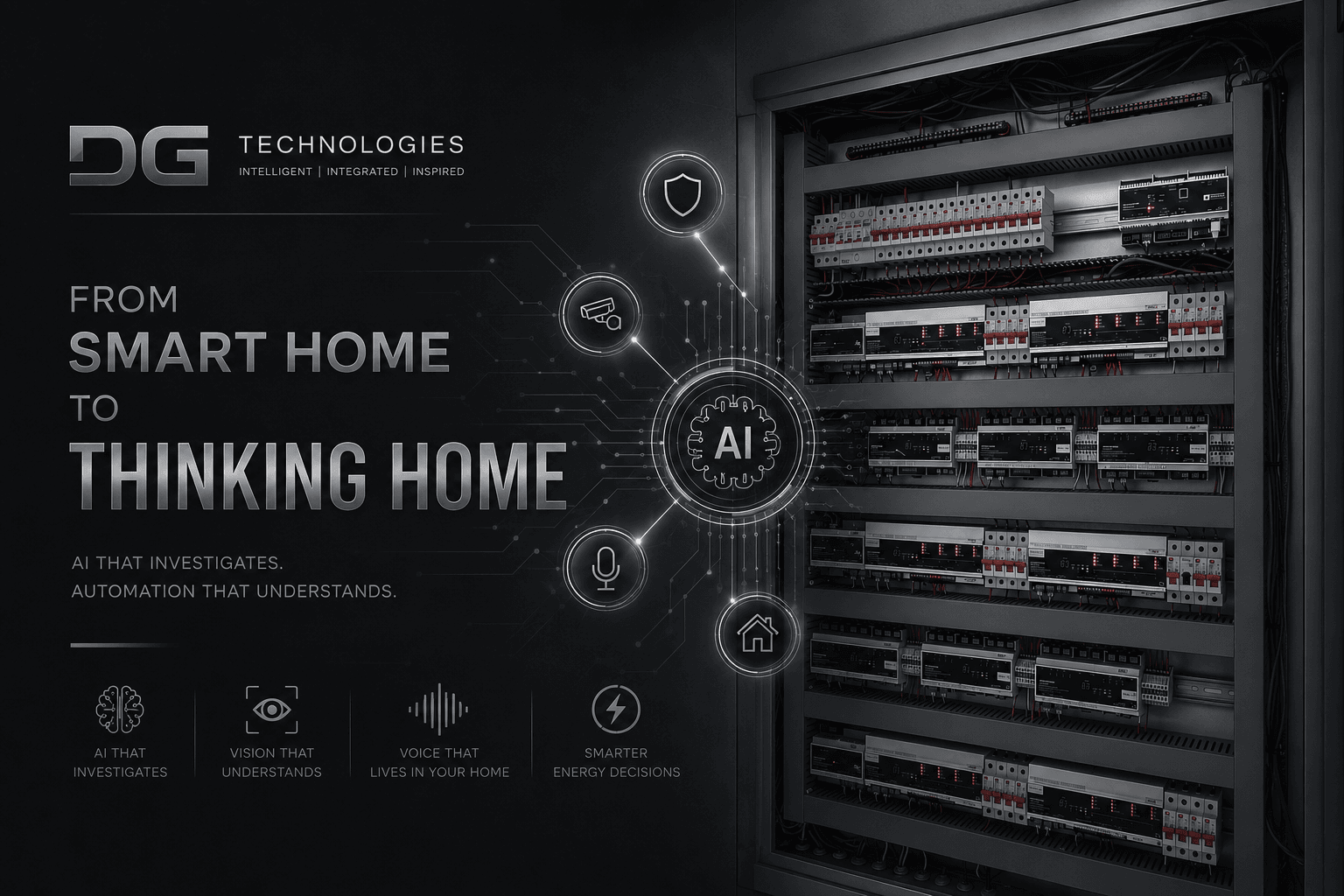 DG Technologies AI smart home automation concept with lighting control panels and intelligent system icons