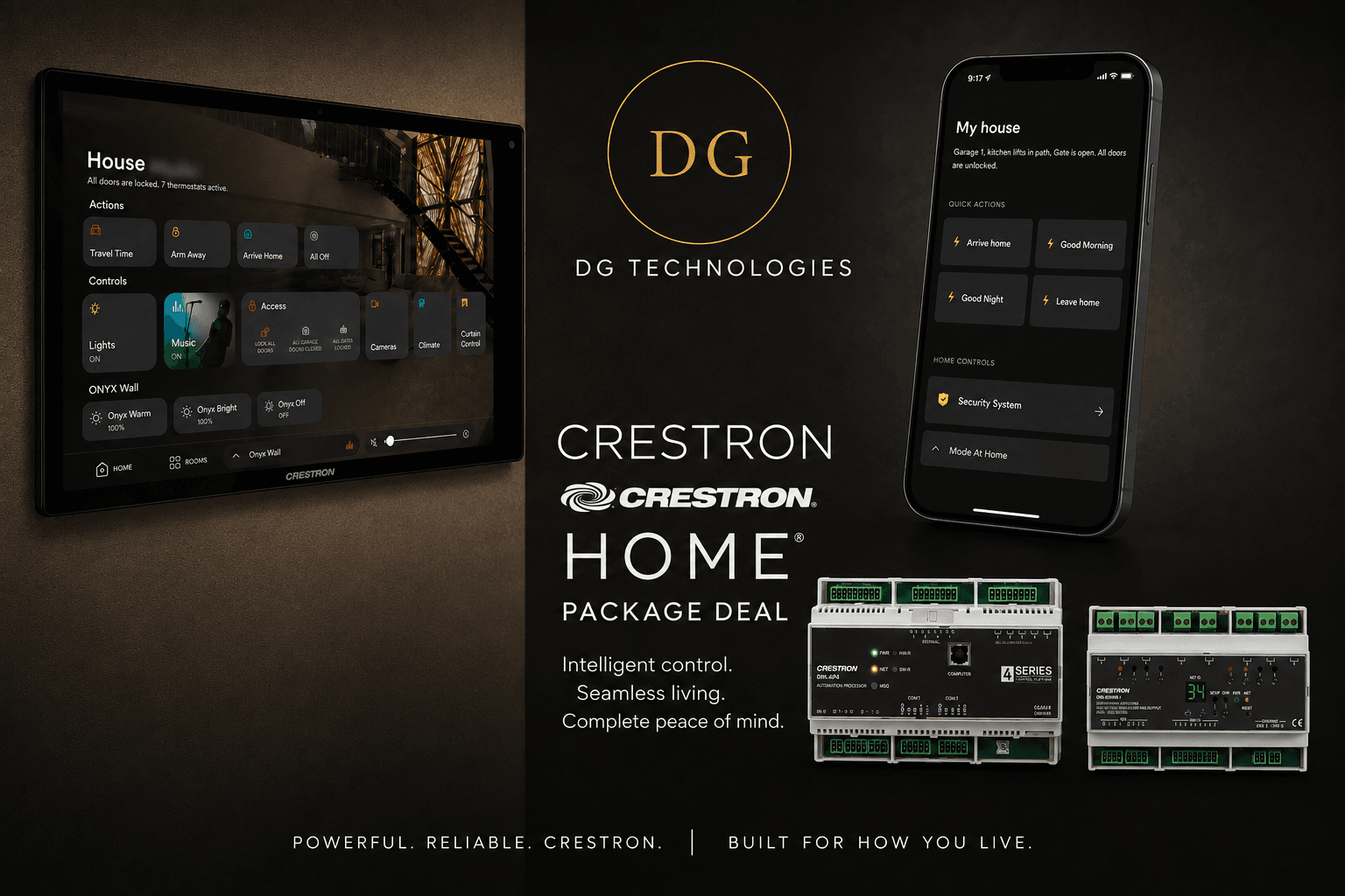 DG Technologies Crestron Home upgrade package with processor, relay module, touch panel and mobile app
