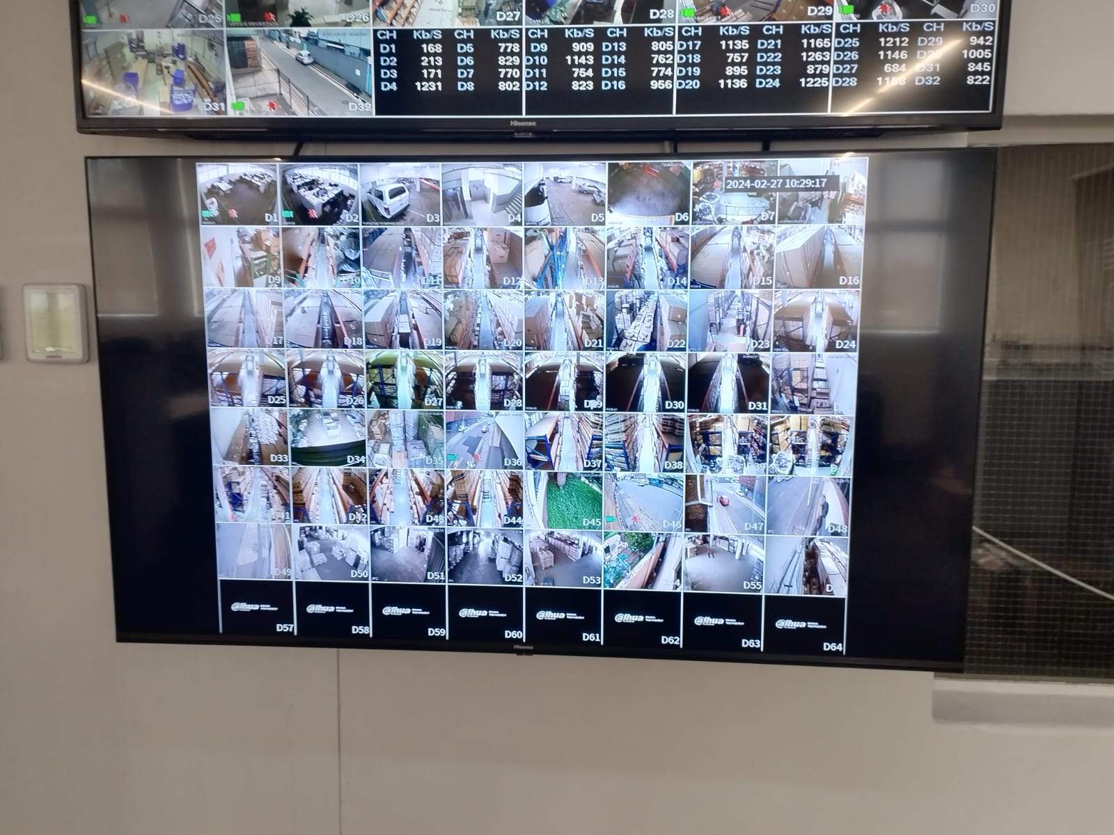 Dual 55-inch commercial CCTV viewing monitors used for office monitoring