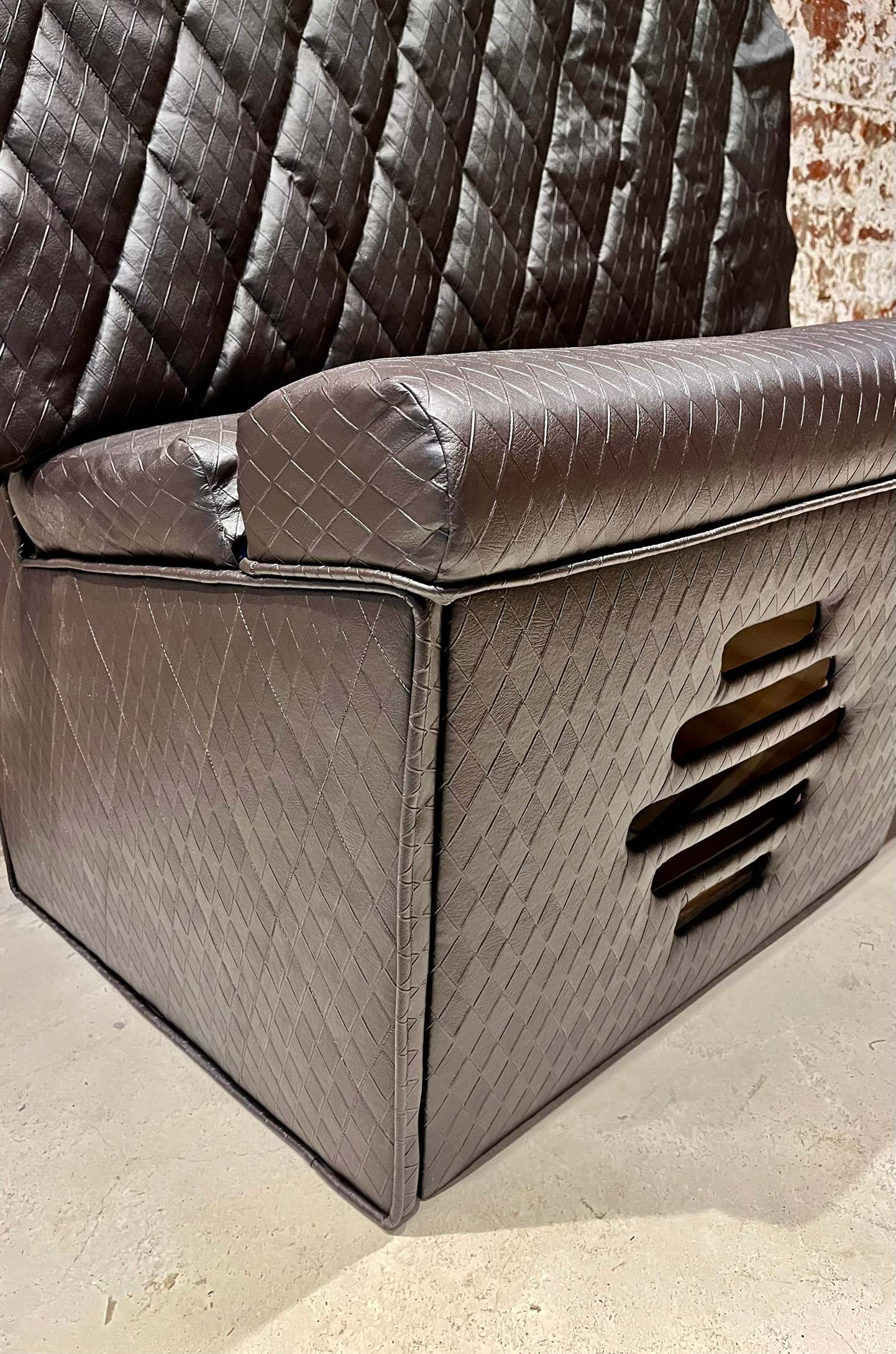 DG Technologies heritage entertainment room build detail: Couch Subwoofer Vent Detail