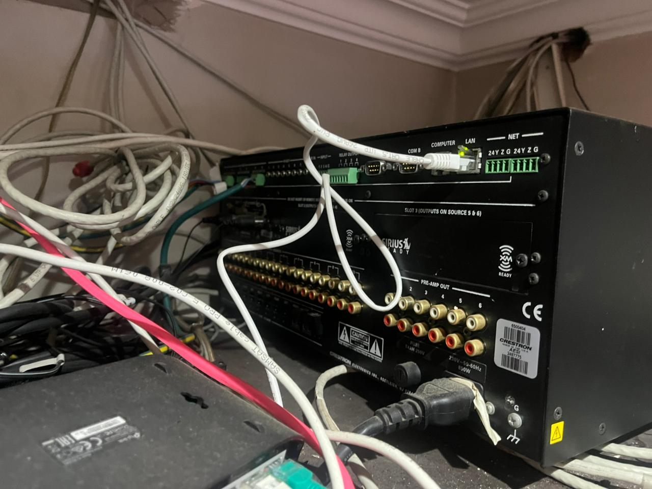 Legacy Crestron and AV rack cabling inspected before repair or replacement