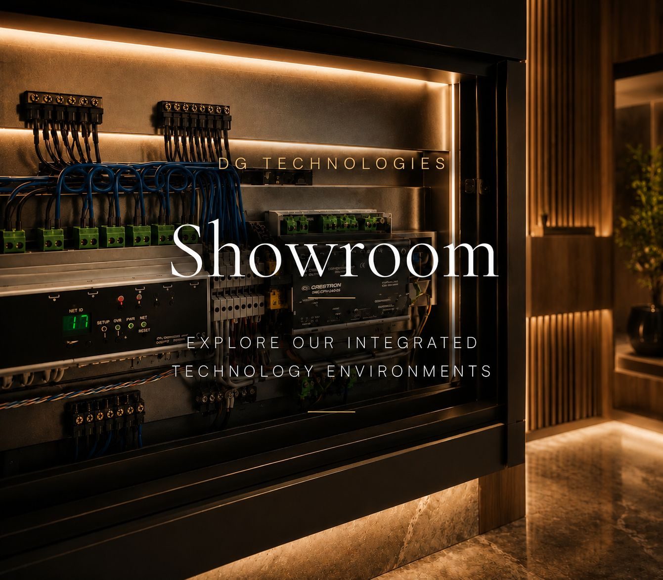 DG Technologies showroom cinema area with controlled lighting and projection