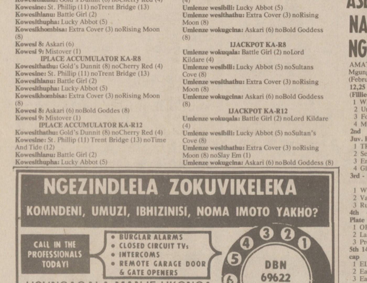Historical 1984 Ilanga advert grouping burglar alarms, CCTV, intercoms and gate openers