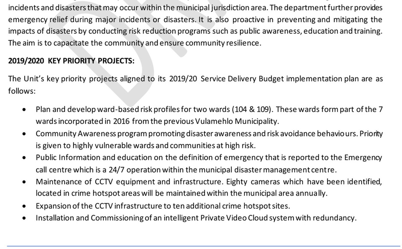 Excerpt from eThekwini 2019 annual report mentioning CCTV infrastructure and a private video cloud system