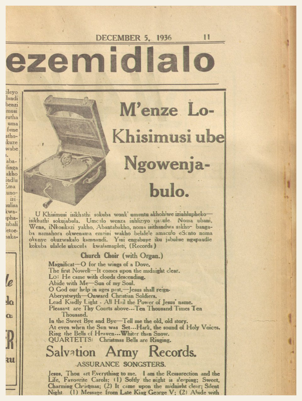 Historical 1936 Ilanga advert for a gramophone store in Durban