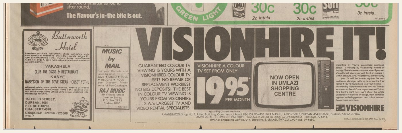 Historical Visionhire colour TV rental advert from Ilanga in 1983